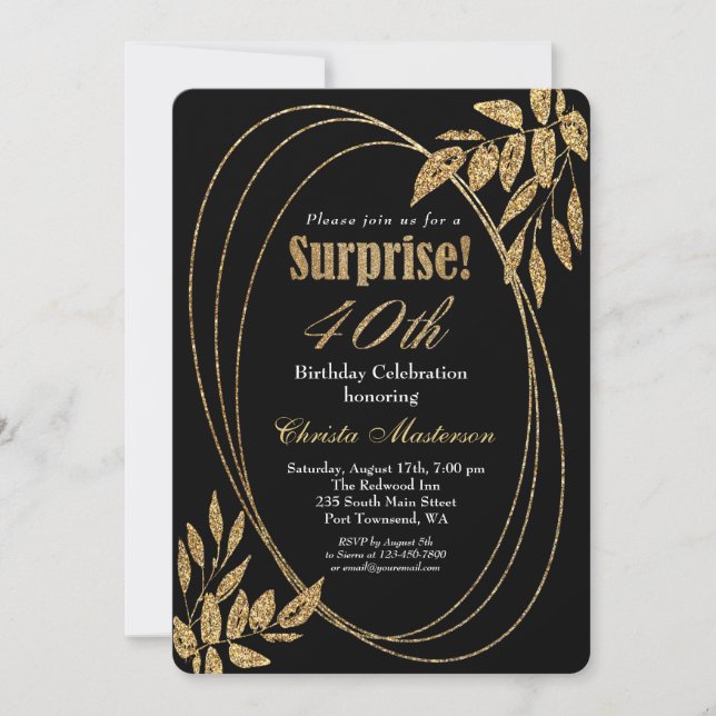 Invitación Purpurina negro de oro Sorpresa 40 Fiesta de cumpl (Anverso)