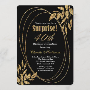 Invitación Purpurina negro de oro Sorpresa 40 Fiesta de cumpl