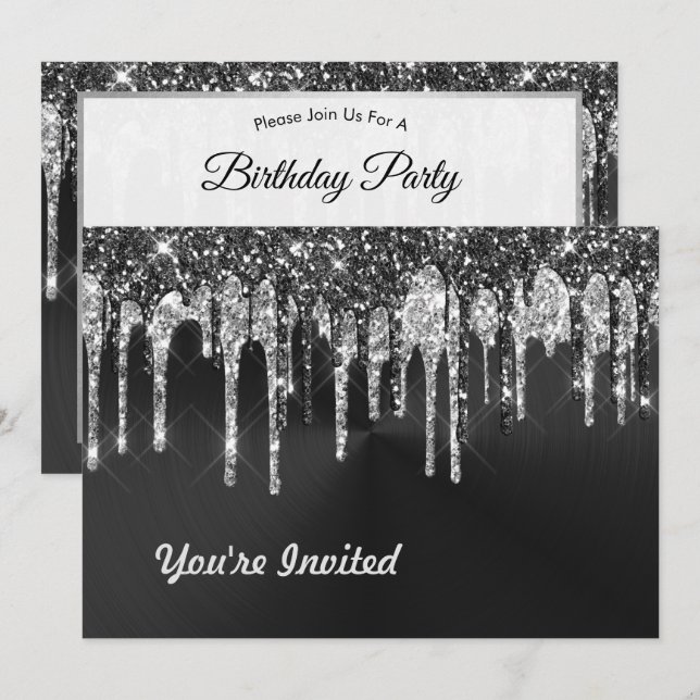 Invitación Purpurina negro de plata de moda Drips cumpleaños  (Anverso / Reverso)