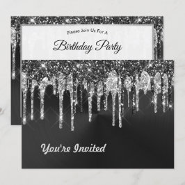 Invitación Purpurina negro de plata de moda Drips cumpleaños
