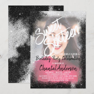 Invitación Purpurina negro de plata foto dulce dieciséis