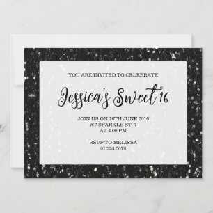 Invitación Purpurina negro destella dulce 16 guión elegante