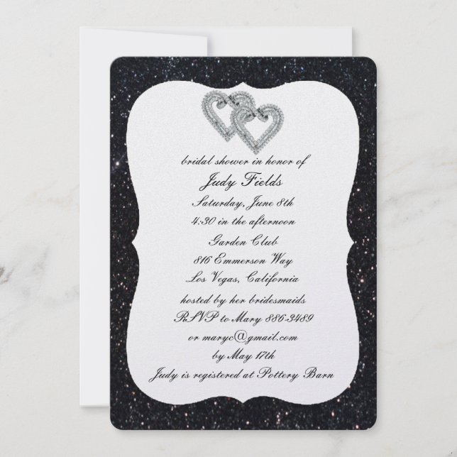 Invitación Purpurina negro Diamond Hearts Bridal Shower (Anverso)