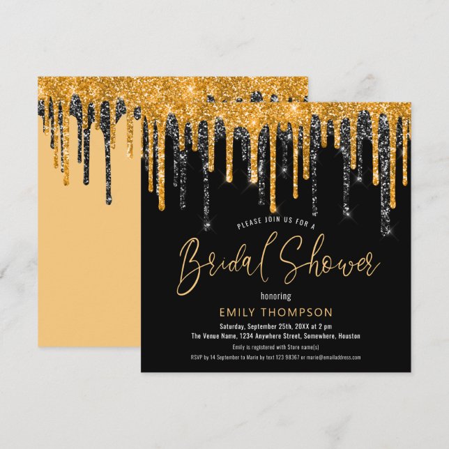 Invitación Purpurina negro dorado Drin Script Bridal Shower (Anverso / Reverso)