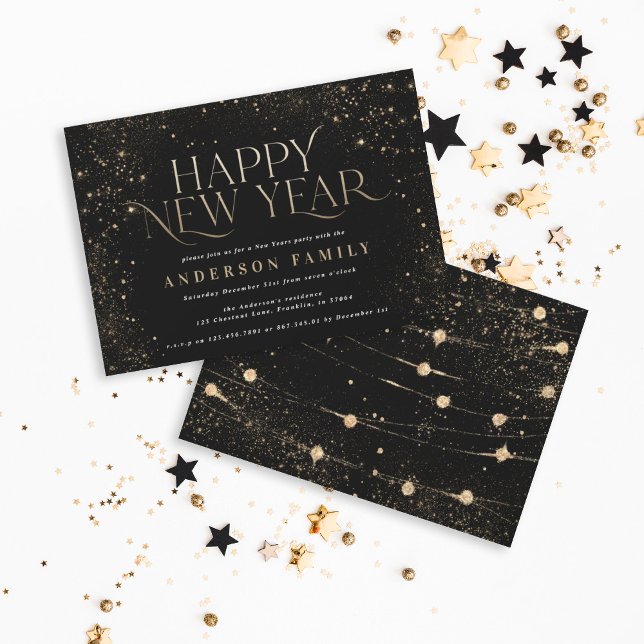 Invitación Purpurina negro dorado elegante fiesta de año nuev (Subido por el creador)