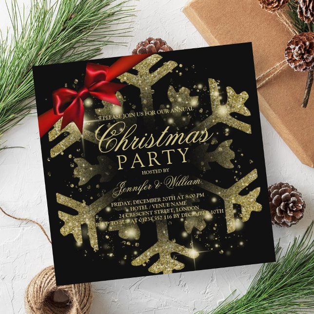 Invitación Purpurina negro dorado y cinta de opciones | Fiest (Gold Black Glitter & Ribbon | Xmas Holiday Party Invitation)