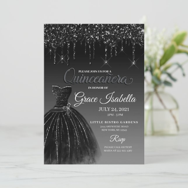 Invitación Purpurina negro Drin Quinceanera Cumpleaños (Anverso de pie)
