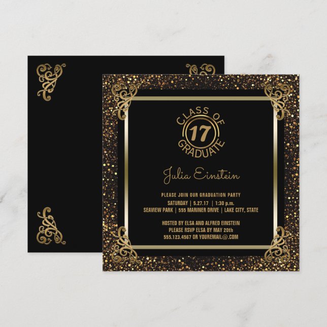 Invitación Purpurina negro elegante 2017 del oro de la fiesta (Anverso / Reverso)