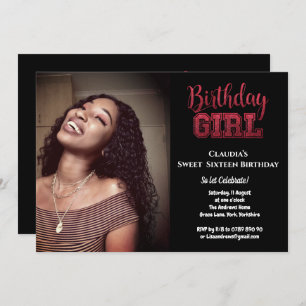 Invitación Purpurina negro elegante Chica de cumpleaños dulce