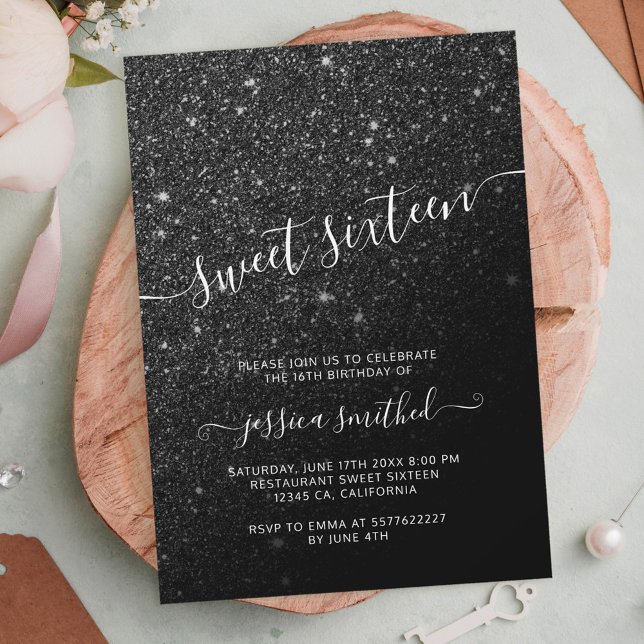 Invitación purpurina negro elegante tipografía de moda Sweet  (Subido por el creador)