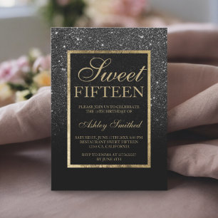 Invitación Purpurina negro falso oro moda elegante dulce 15