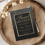 Invitación Purpurina negro falso oro moda elegante dulce 16<br><div class="desc">Moderna moda de bonito y elegante ducha de purpurina negro oscuro con bloque de color negro Invitación a la fiesta de 16 años dulce con un patrón oscuro de oro. Perfecto para una princesa dulce dieciséis,  perfecto para ella,  la modistonista que ama el diseño moderno y el brillo</div>