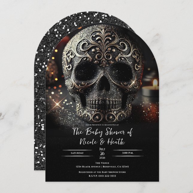 Invitación Purpurina negro Glam Sparkle Skull Baby Shower (Anverso / Reverso)
