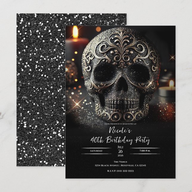 Invitación Purpurina negro Glam Sparkle Skull Cumpleaños góti (Anverso / Reverso)