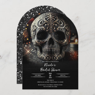 Invitación Purpurina negro Glam Sparkle Skull Gótica Bridal