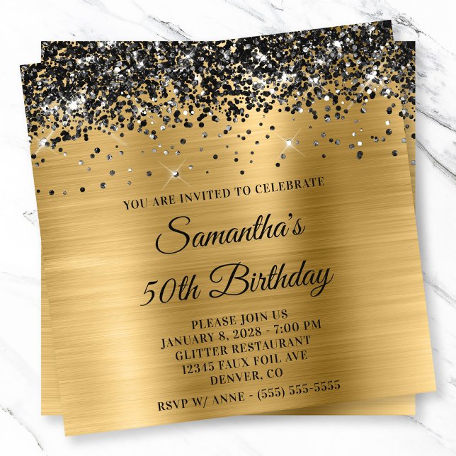 Invitación Purpurina Negro Gold Metallic Look 50 cumpleaños (Black Glitter Gold Metallic Look 50th Birthday Invitation)
