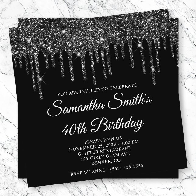 Invitación Purpurina negro gotea en 40° cumpleaños (Black Glitter Drips 40th Birthday Invitation)