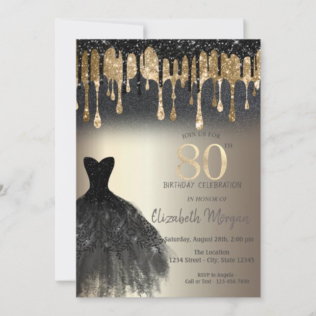 Invitación Purpurina negro gotea vestido negro oro 80 cumplea (Anverso)