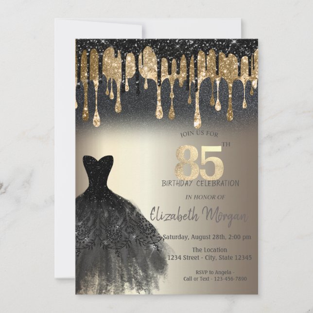 Invitación Purpurina negro gotea vestido negro oro 85 cumplea (Anverso)