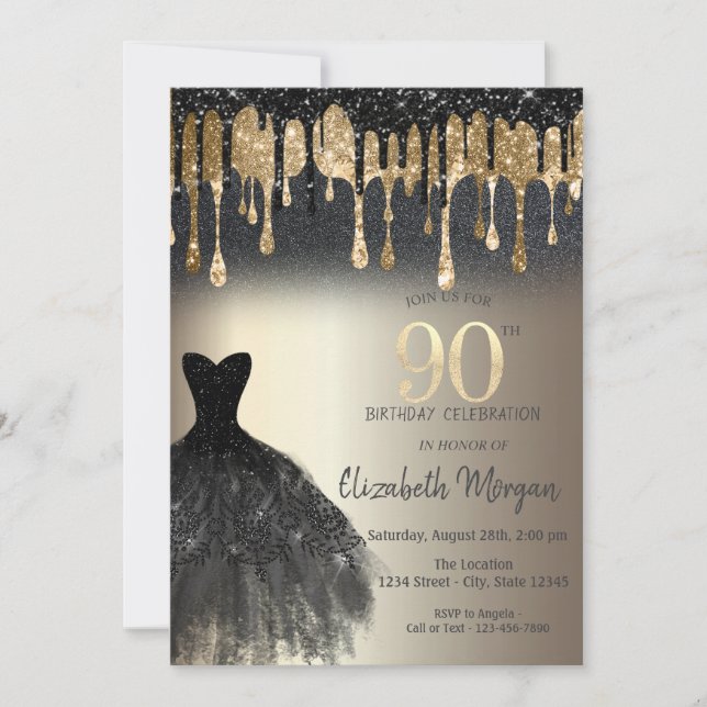 Invitación Purpurina negro gotea vestido negro oro 90 cumplea (Anverso)