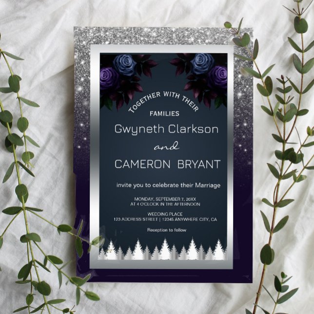 Invitación Purpurina negro Moody Silver Navy Flores azules (Dark and dramatic. Our navy blue, silver, and purple floral invitations add a touch of mystery)