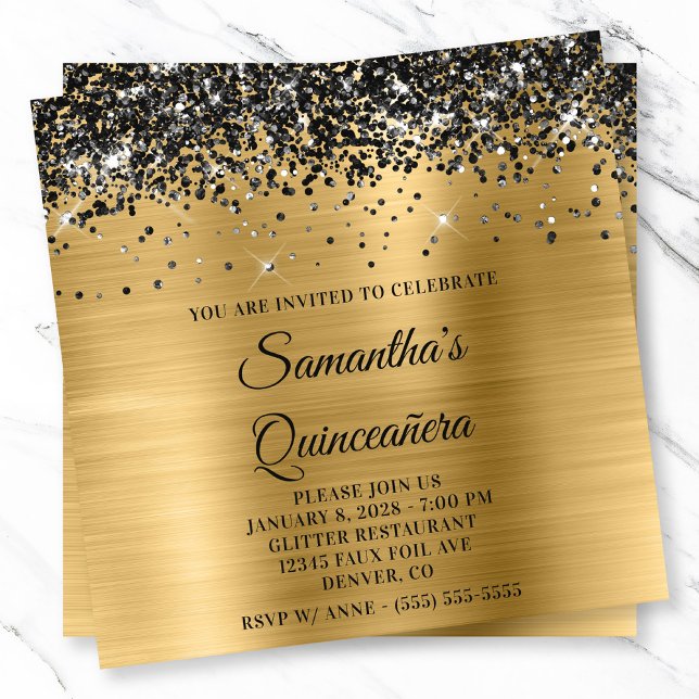 Invitación Purpurina Negro Oro Aspecto metálico Quinceanera (Black Glitter Gold Metallic Look Quinceanera Invitation)