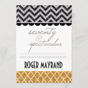 Invitación Purpurina negro, plata, 70 cumpleaños de oro invit