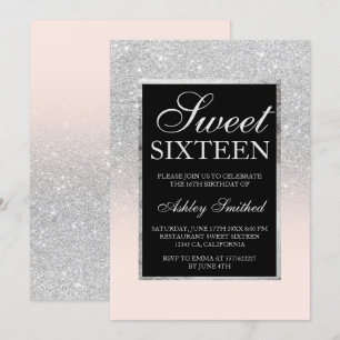 Invitación purpurina negro plata rosa moda elegante dulce 16