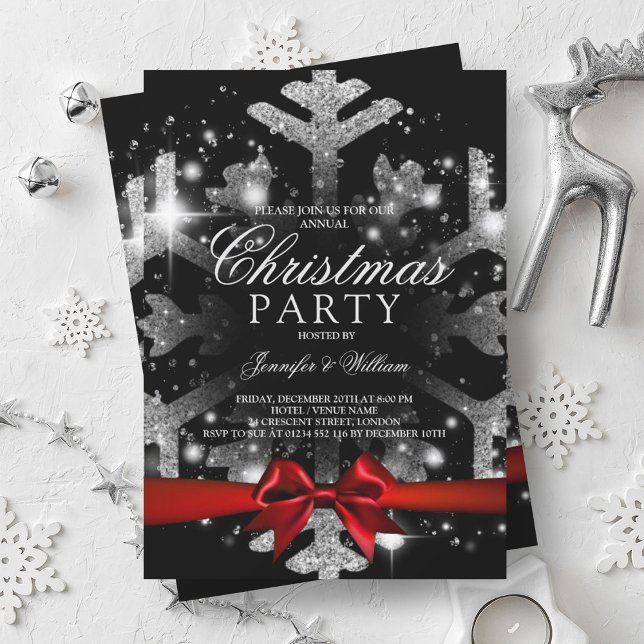 Invitación Purpurina negro plateado Snowflake & Ribbon Xmas F (Silver Black Glitter Snowflake & Ribbon Xmas Party Invitation)