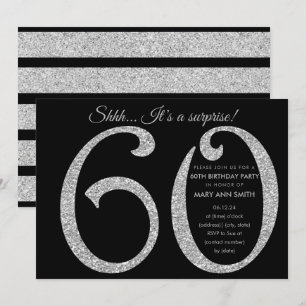 Invitación Purpurina negro plateado Sorpresa 60 cumpleaños fi