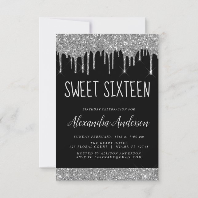 Invitación Purpurina negro plateado Sparkle Elegant Sweet 16 (Anverso)
