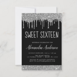 Invitación Purpurina negro plateado Sparkle Elegant Sweet 16