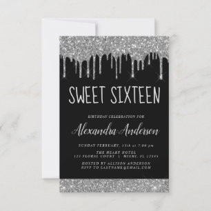 Invitación Purpurina negro plateado Sparkle Elegant Sweet 16
