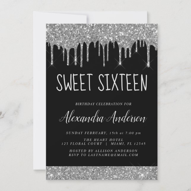 Invitación Purpurina negro plateado Sparkle Elegant Sweet 16 (Anverso)