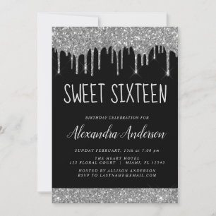 Invitación Purpurina negro plateado Sparkle Elegant Sweet 16