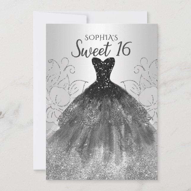 Invitación Purpurina negro plateado vestido dulce de 16 años (Anverso)