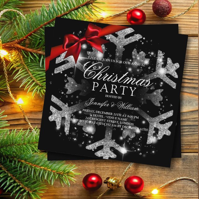 Invitación Purpurina negro plateado y cinta de opciones | Fie (Silver Black Glitter & Ribbon | Xmas Holiday Party Invitation)