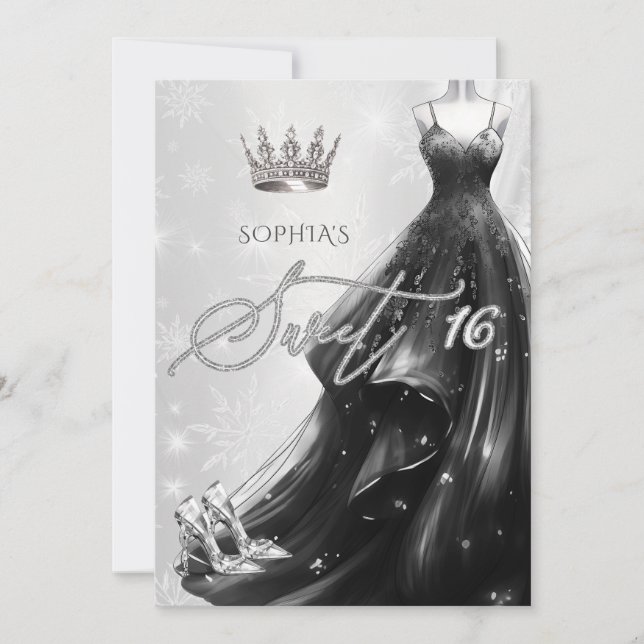 Invitación Purpurina negro vestido con copas de nieve dulce d (Anverso)