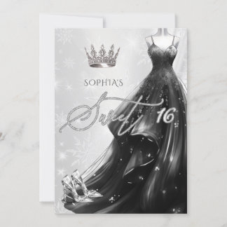 Invitación Purpurina negro vestido con copas de nieve dulce d