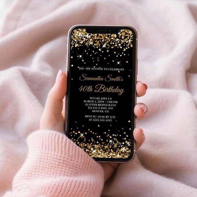 Invitación Purpurina negro y oro 40 cumpleaños (Black and Gold Glitter 40th Birthday Invitation)