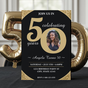 Invitación Purpurina Negro y Oro 50 Cincuenta Años 50 Años Cu