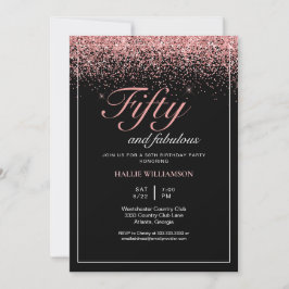 Invitación Purpurina negro y oro 50 y fabuloso cumpleaños