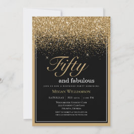 Invitación Purpurina negro y oro 50 y fabuloso cumpleaños
