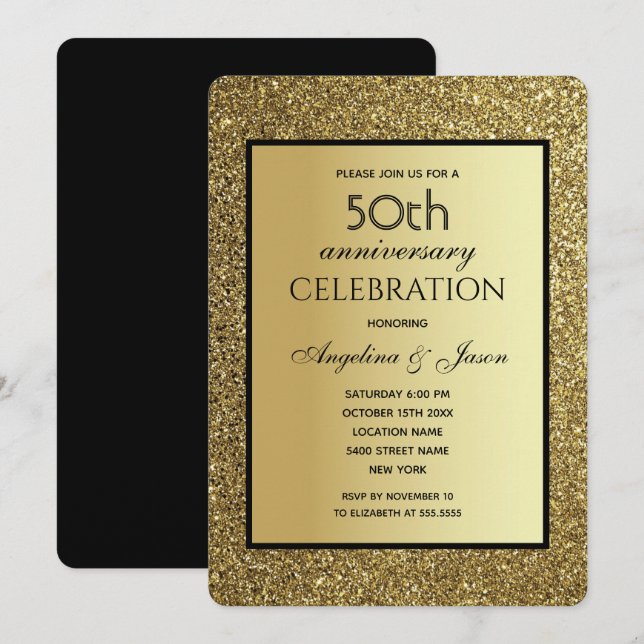 Invitación Purpurina negro y oro Boda 50 años (Anverso / Reverso)
