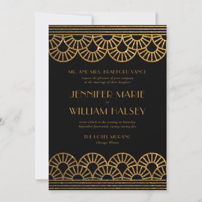 Invitación Purpurina negro y oro Boda de fans del Art Deco (Anverso)