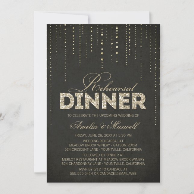 Invitación Purpurina negro y oro de aspecto ensayo cena (Anverso)