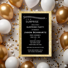 Invitación Purpurina negro y oro Fiesta sorpresa cumpleaños