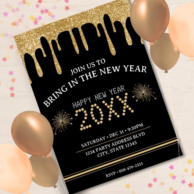 Invitación Purpurina negro y oro gotea Fiesta de Nochevieja d (Black & Gold Glitter Drip New Years Eve Party 2024 Invitation)