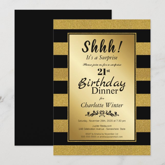 Invitación Purpurina negro y oro sorprende 21ª cena de cumple (Anverso / Reverso)