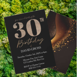 Invitación Purpurina negro y oro Swirl 30 cumpleaños